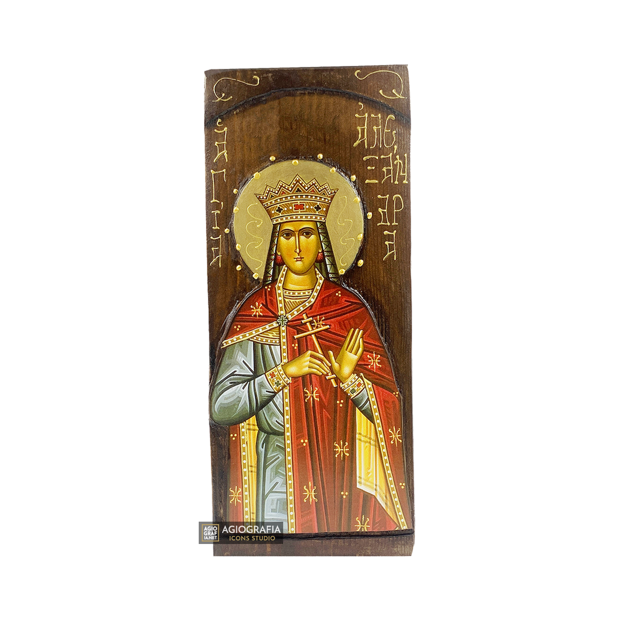 St Alexandra Christian Orthodox Gold Print Icon on Carved Wood