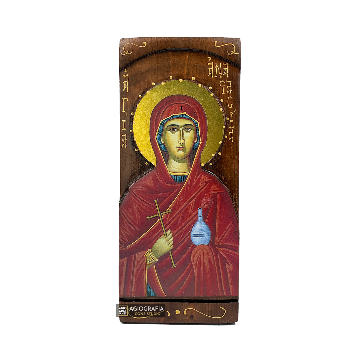St Anastasia Byzantine Greek Gold Print Icon on Carved Wood