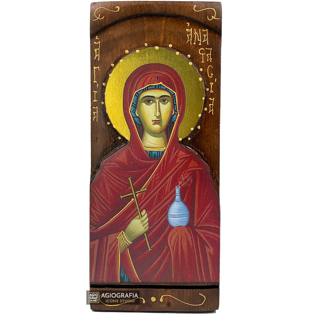 St Anastasia Byzantine Greek Gold Print Icon on Carved Wood