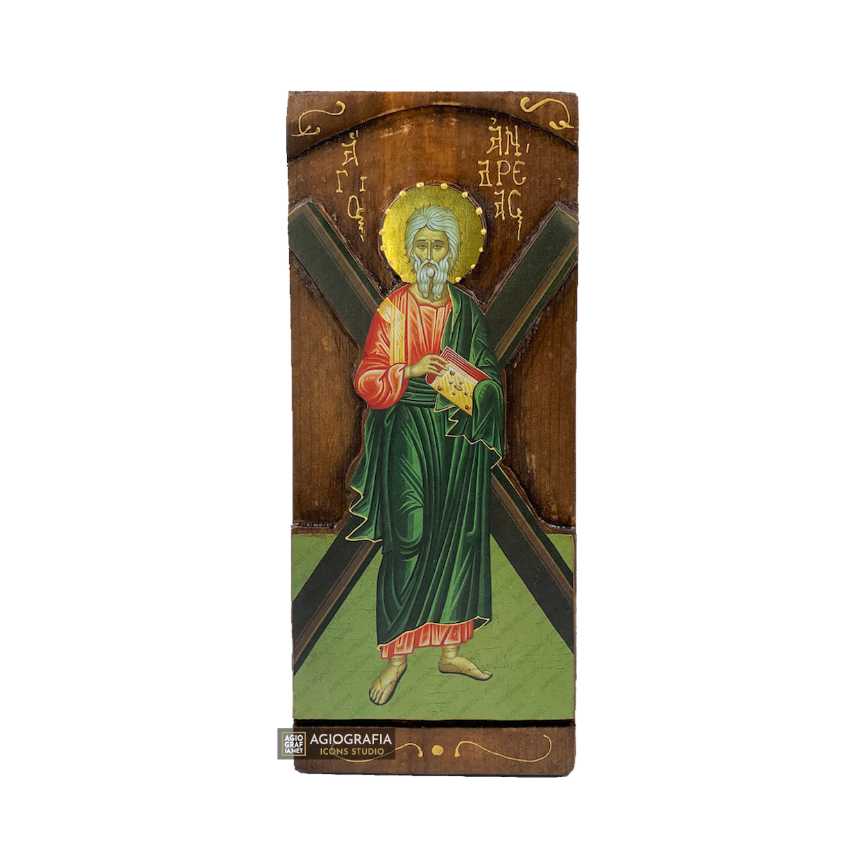 St Apostle Andrew Byzantine Greek Gold Print Icon on Carved Wood