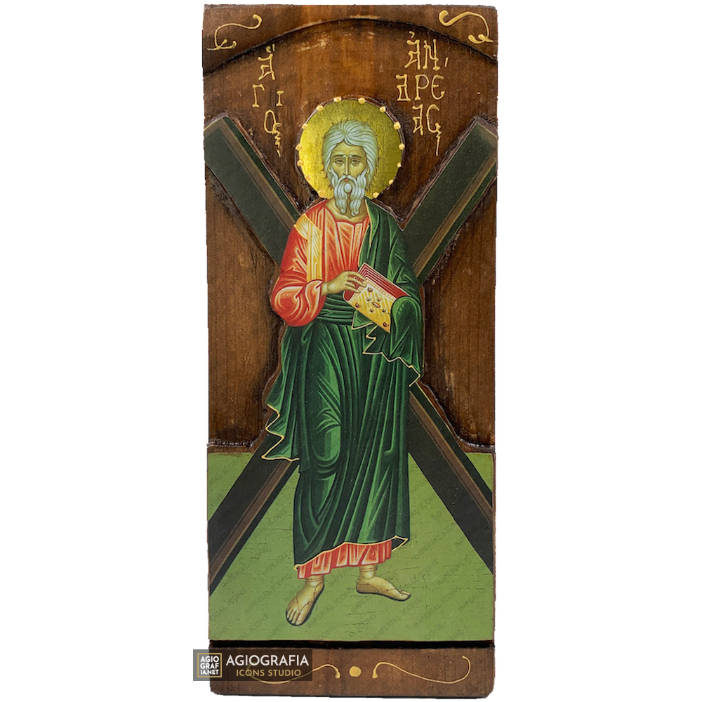 St Apostle Andrew Byzantine Greek Gold Print Icon on Carved Wood