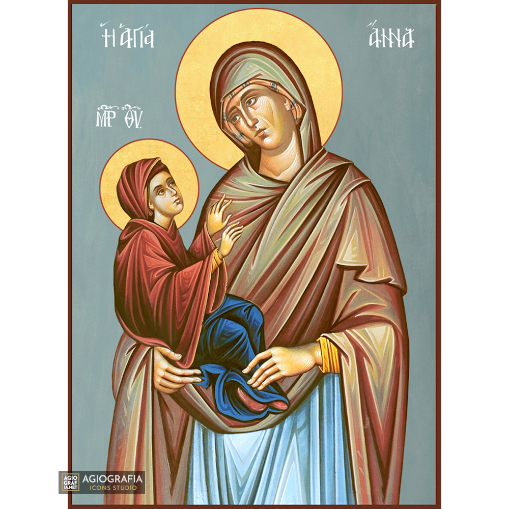 St Anna Christian Orthodox Wood Icon with Blue Background