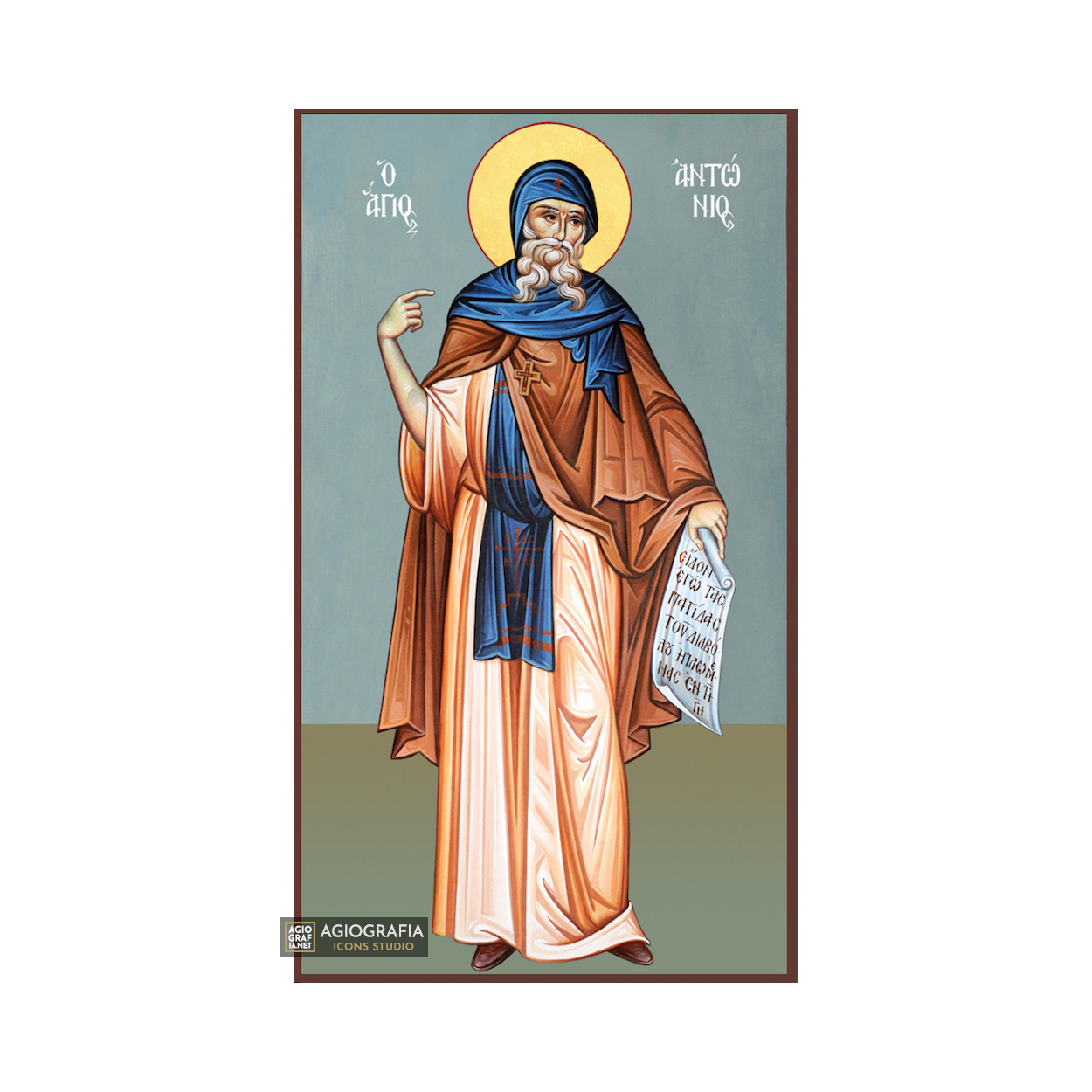 St Anthony Orthodox Icon on Wood with Blue Background