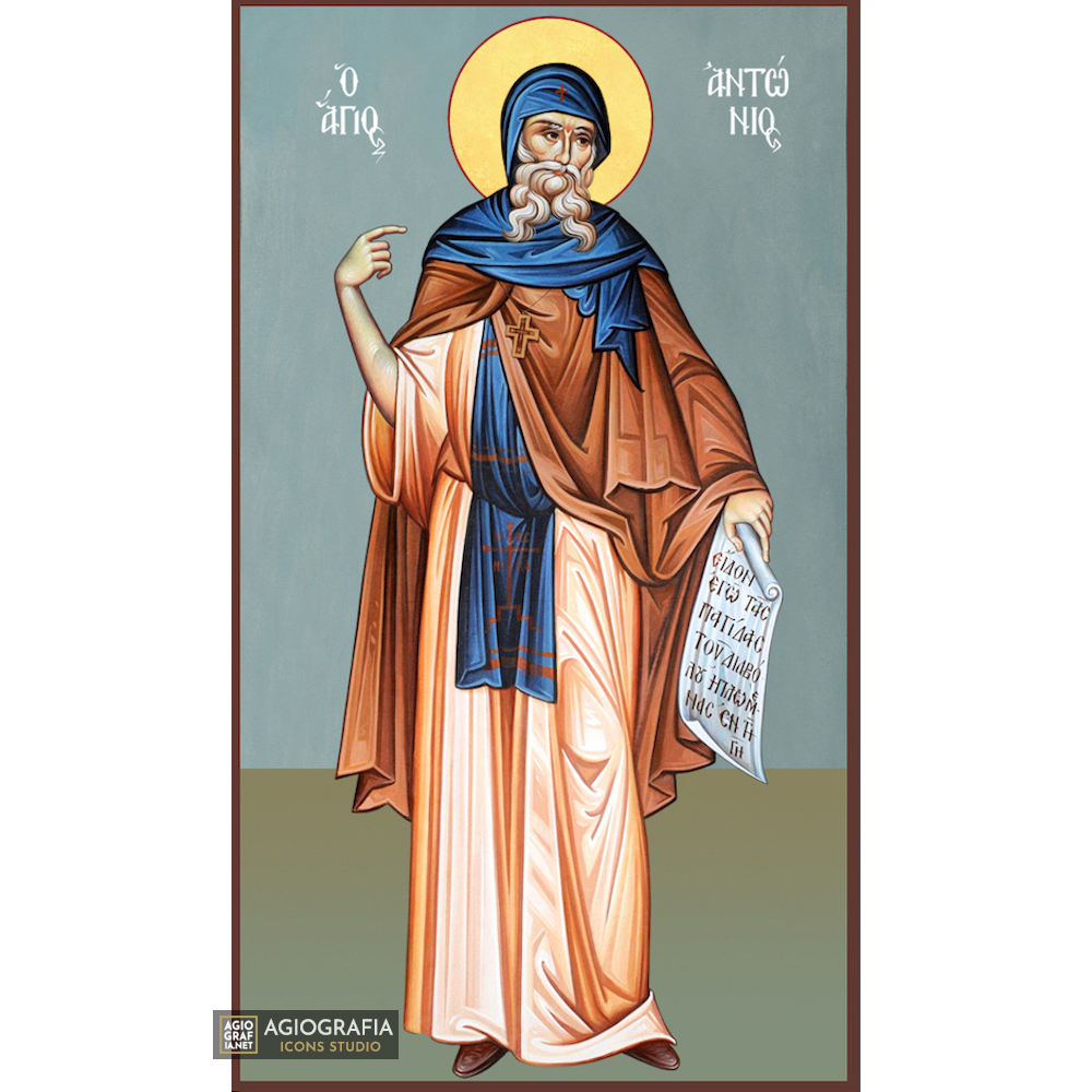 St Anthony Orthodox Icon on Wood with Blue Background