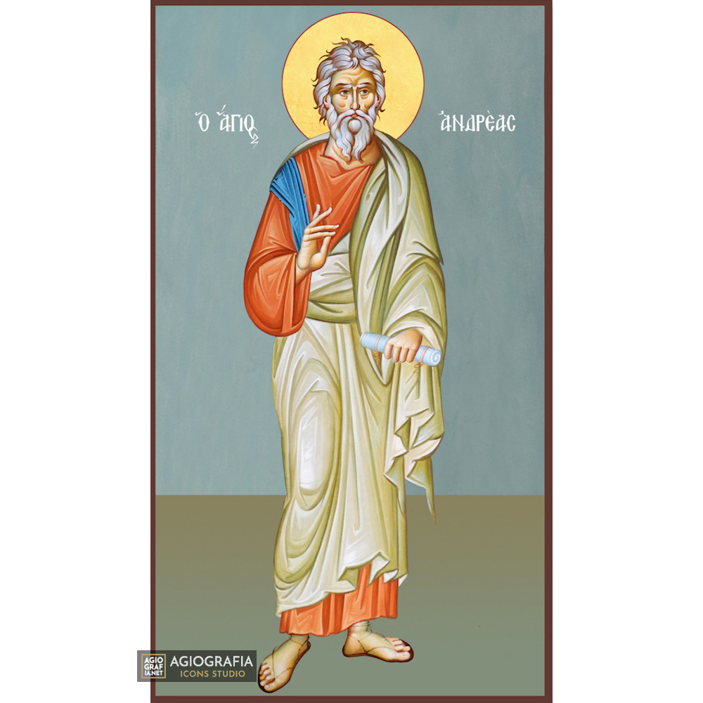St Apostle Andrew Orthodox Wood Icon with Blue Background