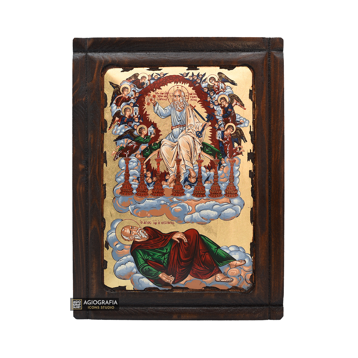 Apostle John Vision with 7 candlesticks Christian Icon with Gold Leaf