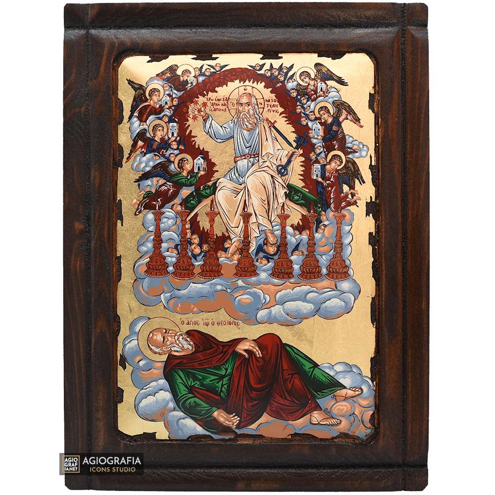Apostle John Vision with 7 candlesticks Christian Icon with Gold Leaf