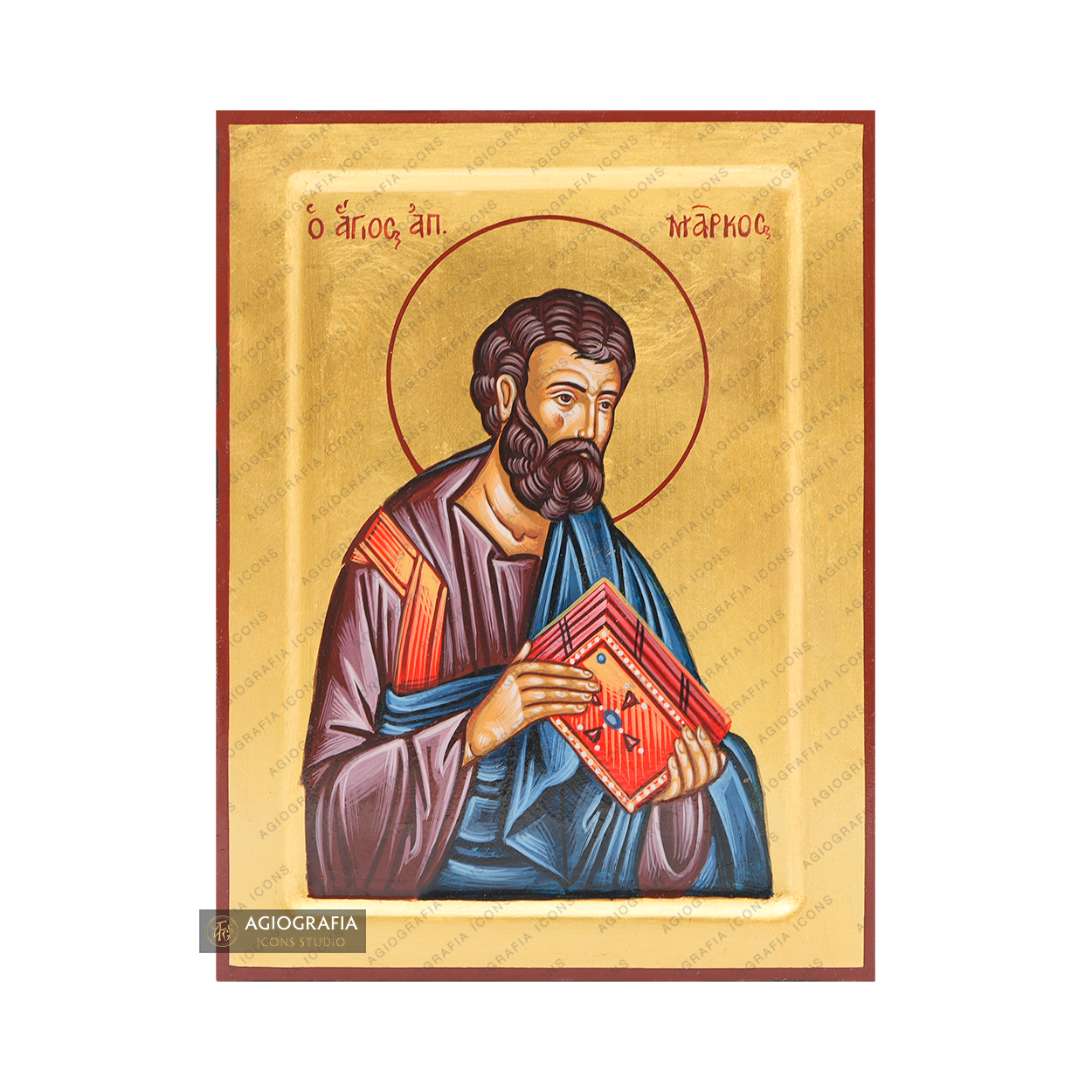 24k Saint Apostle Mark Handwritten Greek Icon with Matte Gold Leaves