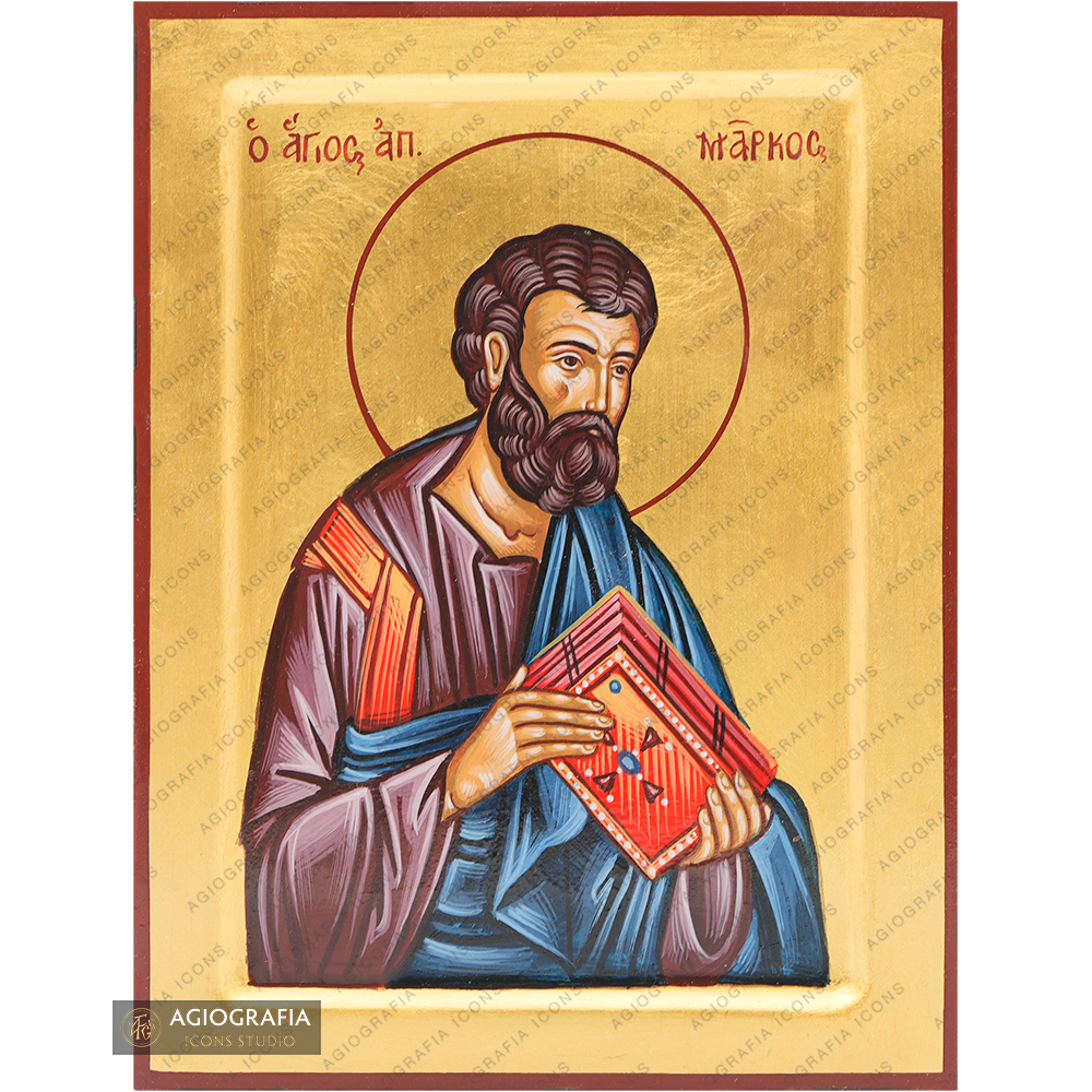 24k Saint Apostle Mark Handwritten Greek Icon with Matte Gold Leaves