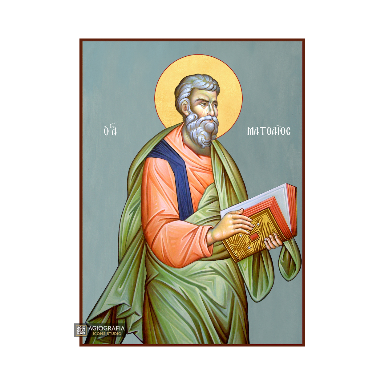 St Apostle Matthew Greek Orthodox Icon with Blue Background