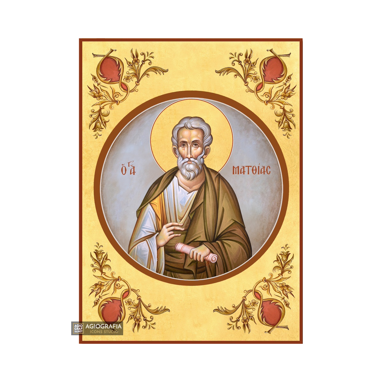 22k Saint Apostle Matthias Orthodox Icon with Gold Leaf Background