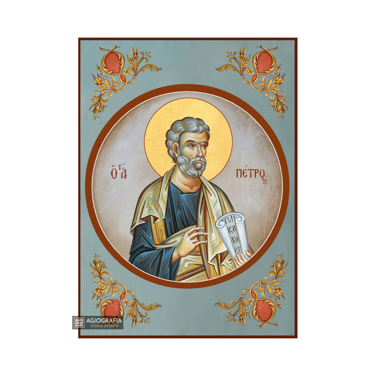 St Apostle Peter Greek Orthodox Icon with Blue Background