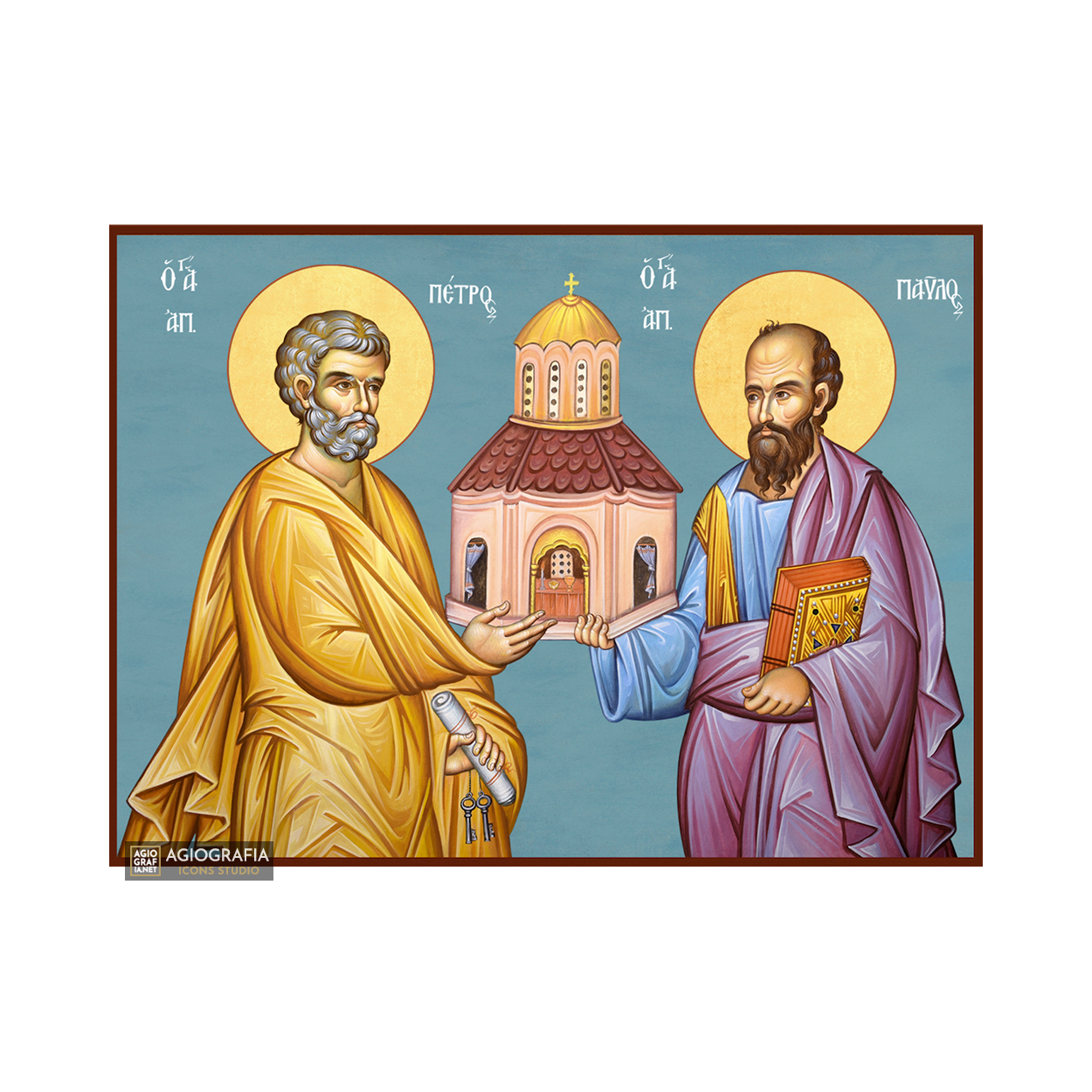 Saints Apostles Peter and Paul Christian Icon with Blue Background