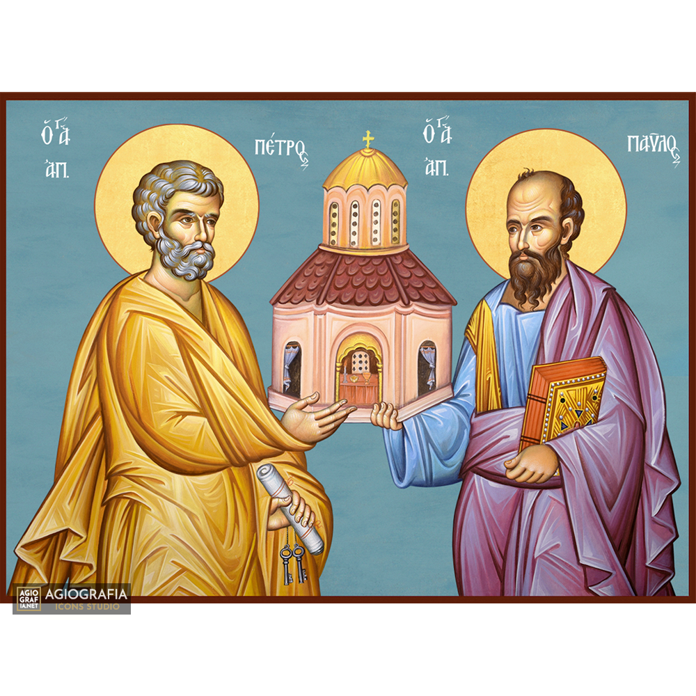 Saints Apostles Peter and Paul Christian Icon with Blue Background