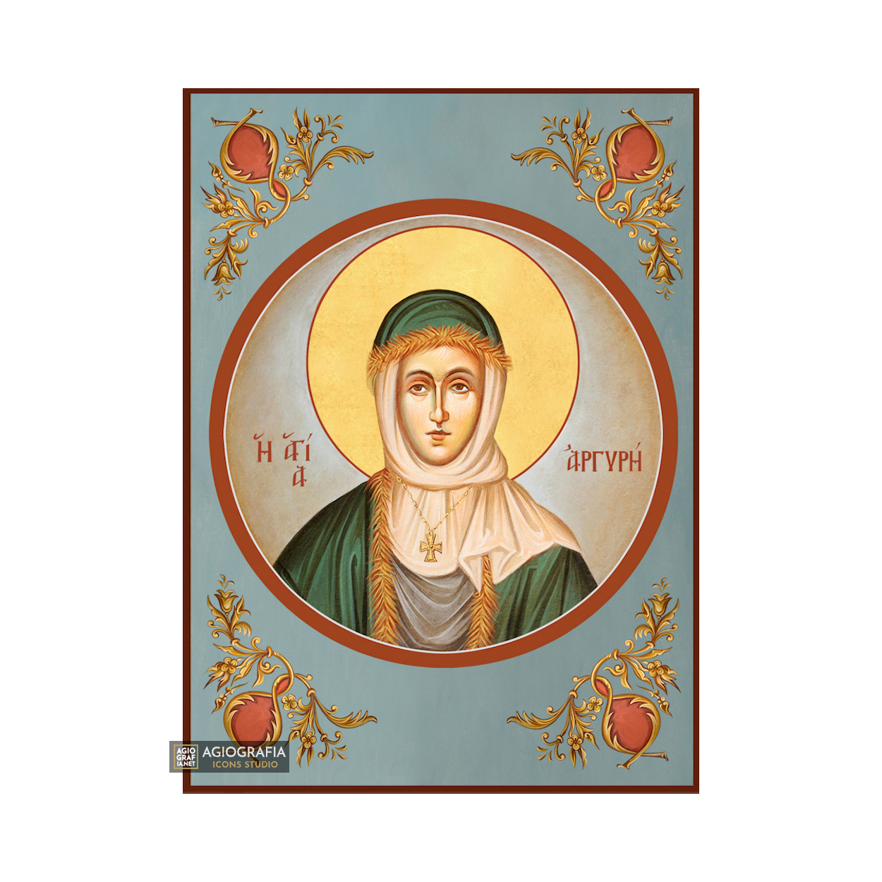 St Argiri Greek Orthodox Icon on Wood with Blue Background