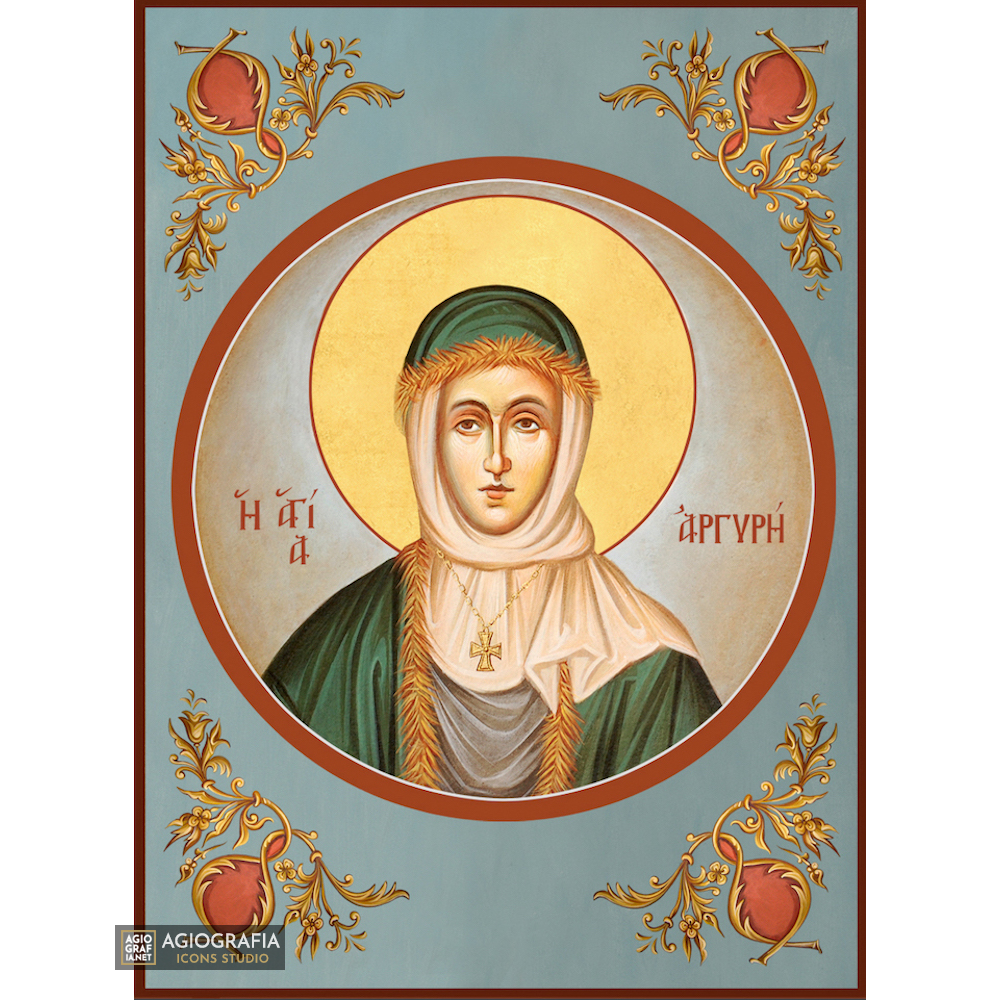 St Argiri Greek Orthodox Icon on Wood with Blue Background