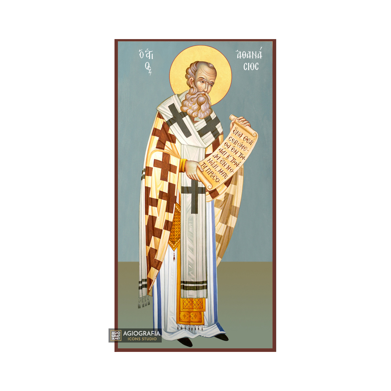 St Athanasios Christian Orthodox Icon on Wood with Blue Background