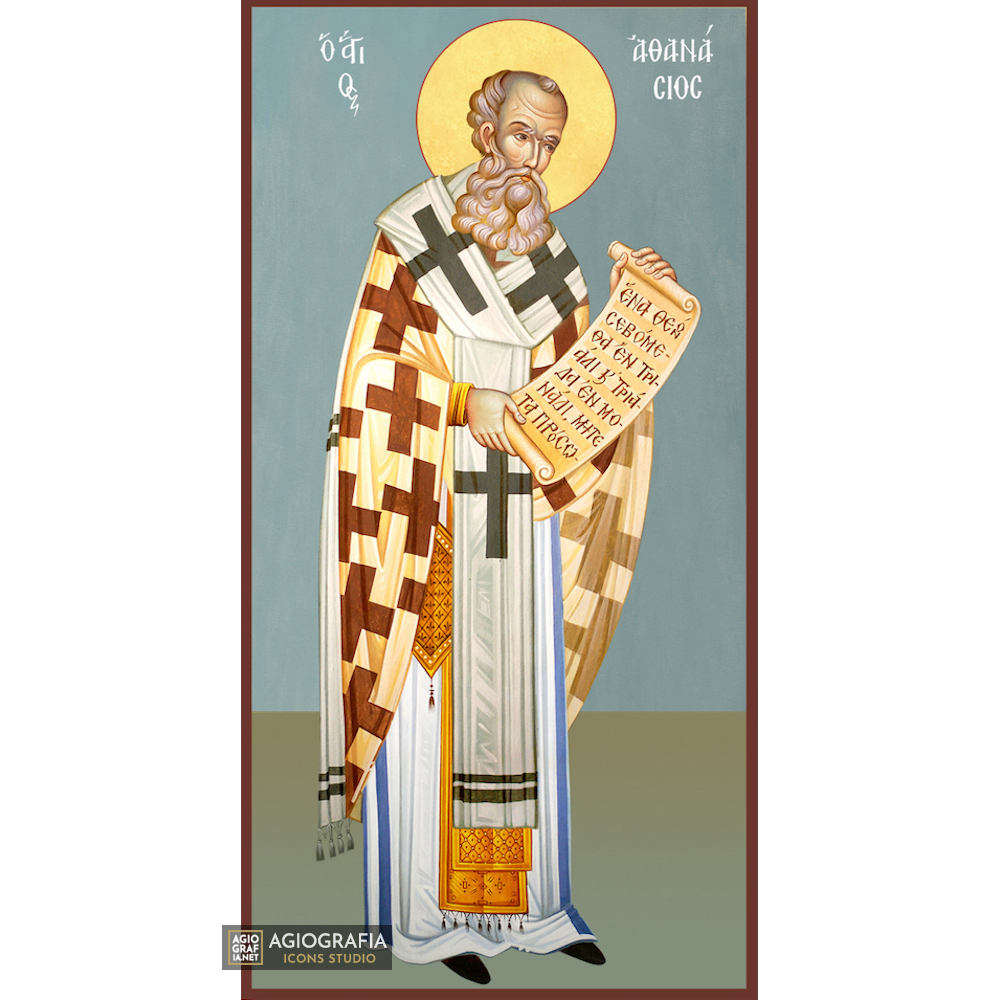 St Athanasios Christian Orthodox Icon on Wood with Blue Background'