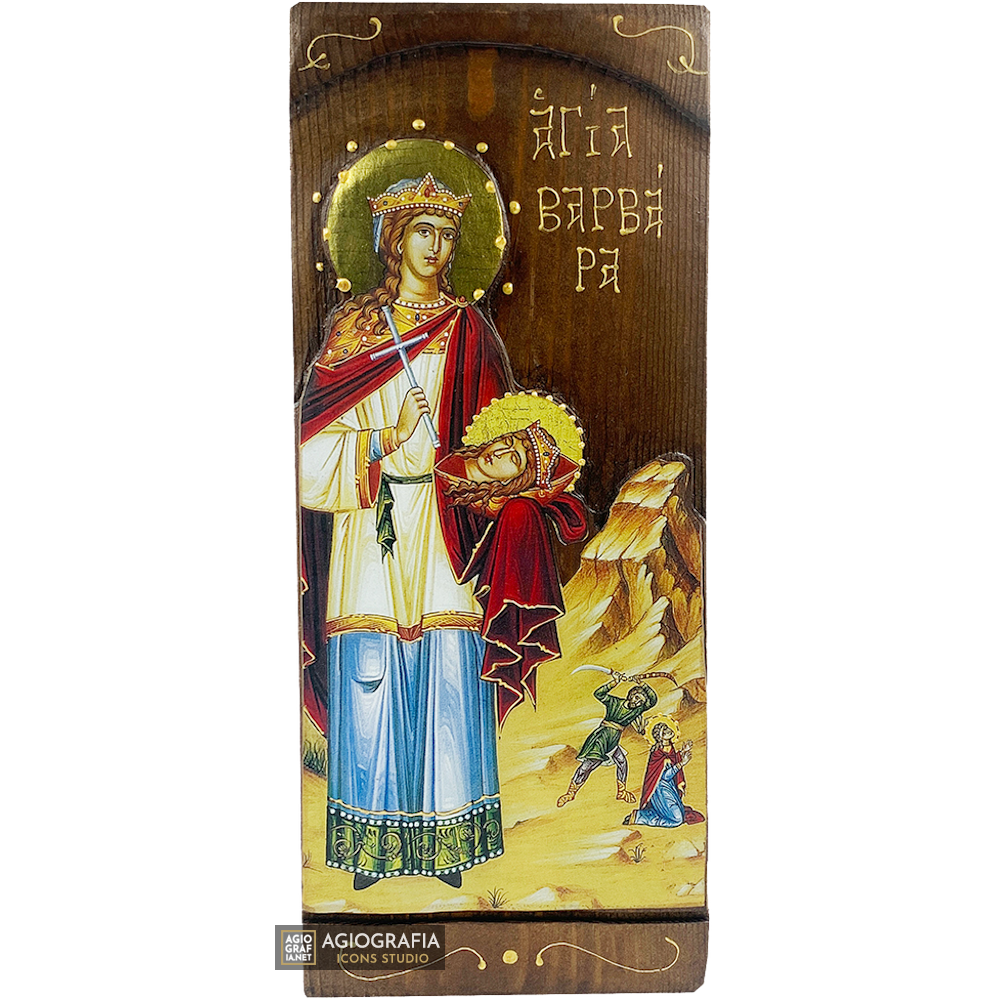 St Barbara Byzantine Greek Gold Print Icon on Carved Wood