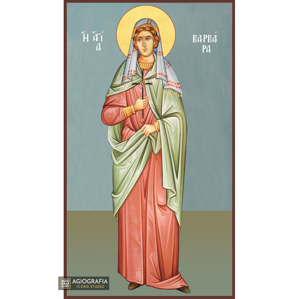 St Barbara Christian Orthodox Wood Icon with Blue Background