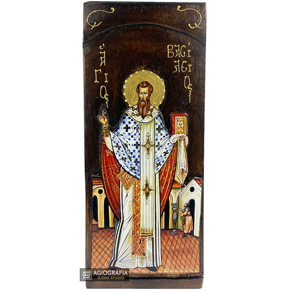 St Basil Christian Orthodox Gold Print Icon on Carved Wood
