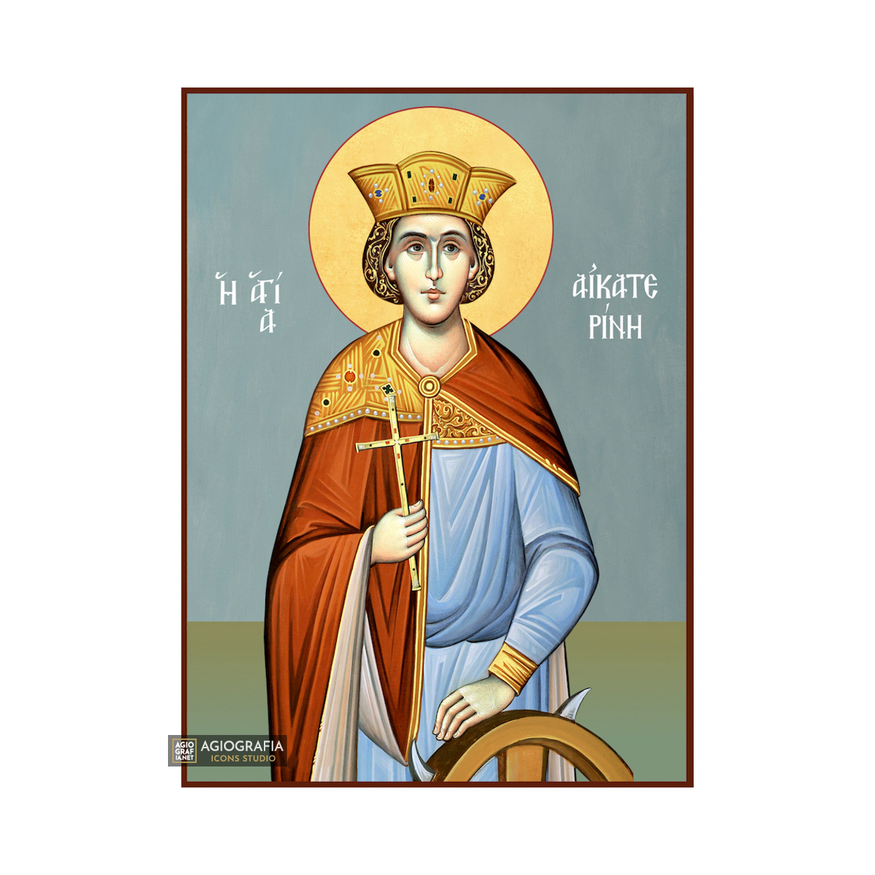 St Catherine Christian Byzantine Icon with Blue Background