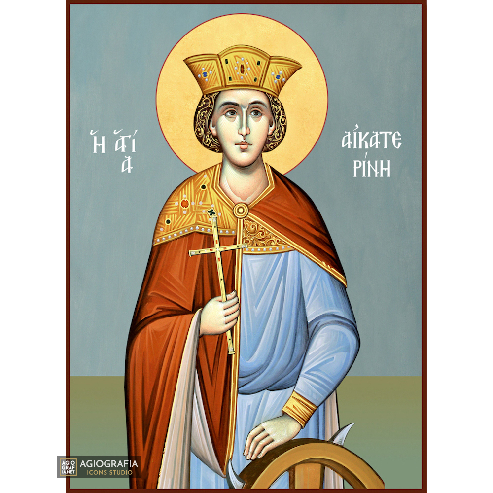 St Catherine Christian Byzantine Icon with Blue Background