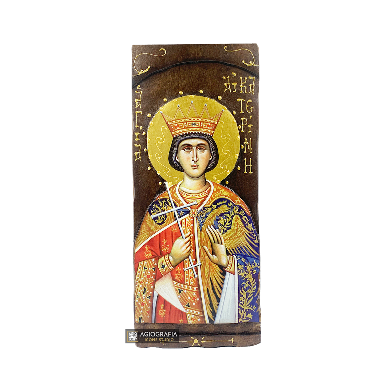 St Catherine Byzantine Greek Gold Print Icon on Carved Wood