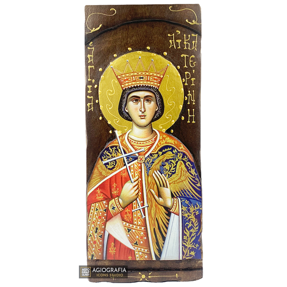 St Catherine Byzantine Greek Gold Print Icon on Carved Wood