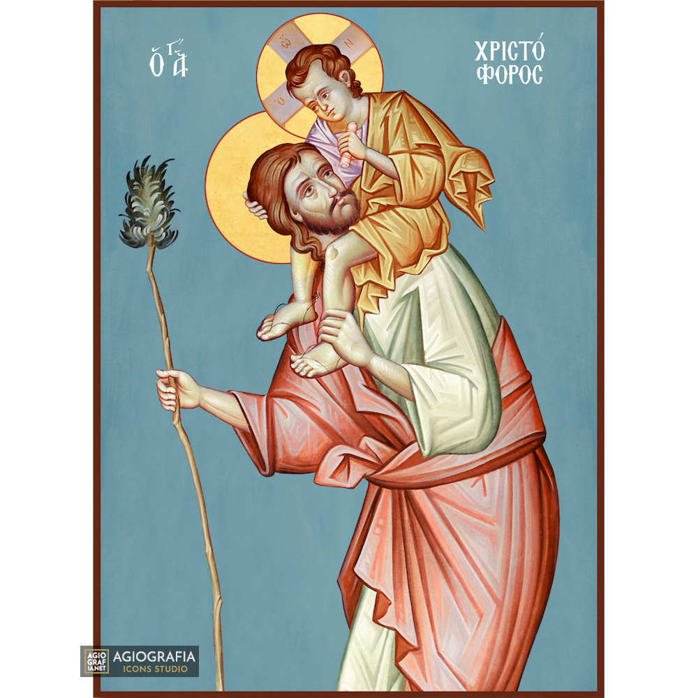 St Christopher Greek Christian Icon with Blue Background
