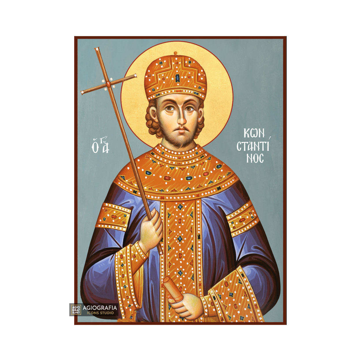 St Constantine Greek Christian Icon with Blue Background