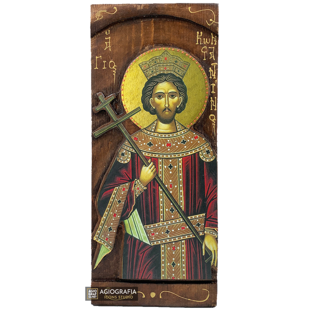 St Constantine Christian Orthodox Gold Print Icon on Carved Wood