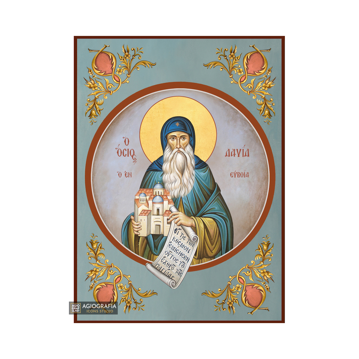 St David of Evia Christian Orthodox Icon with Blue Background