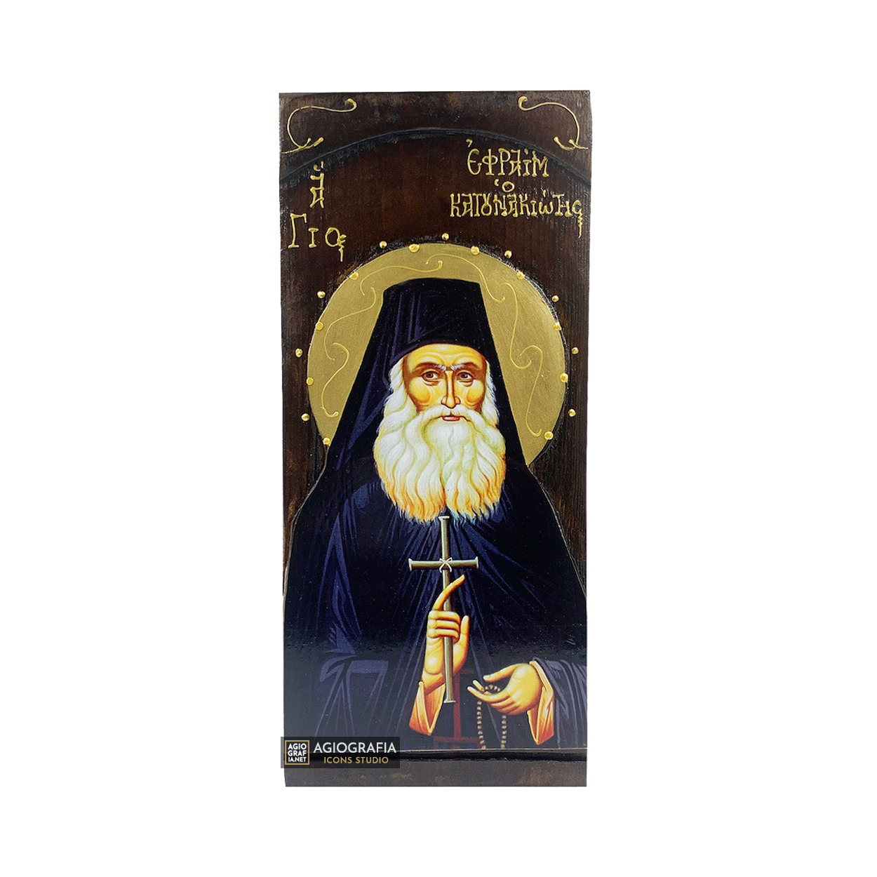 St Efrem Katounakiotis Greek Gold Print Icon on Carved Wood