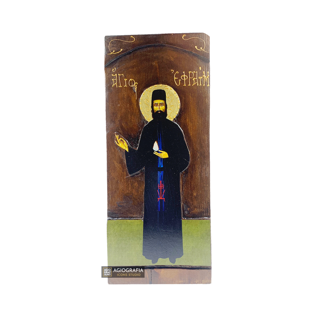 St Efrem of Nea Makri Orthodox Gold Print Icon on Carved Wood