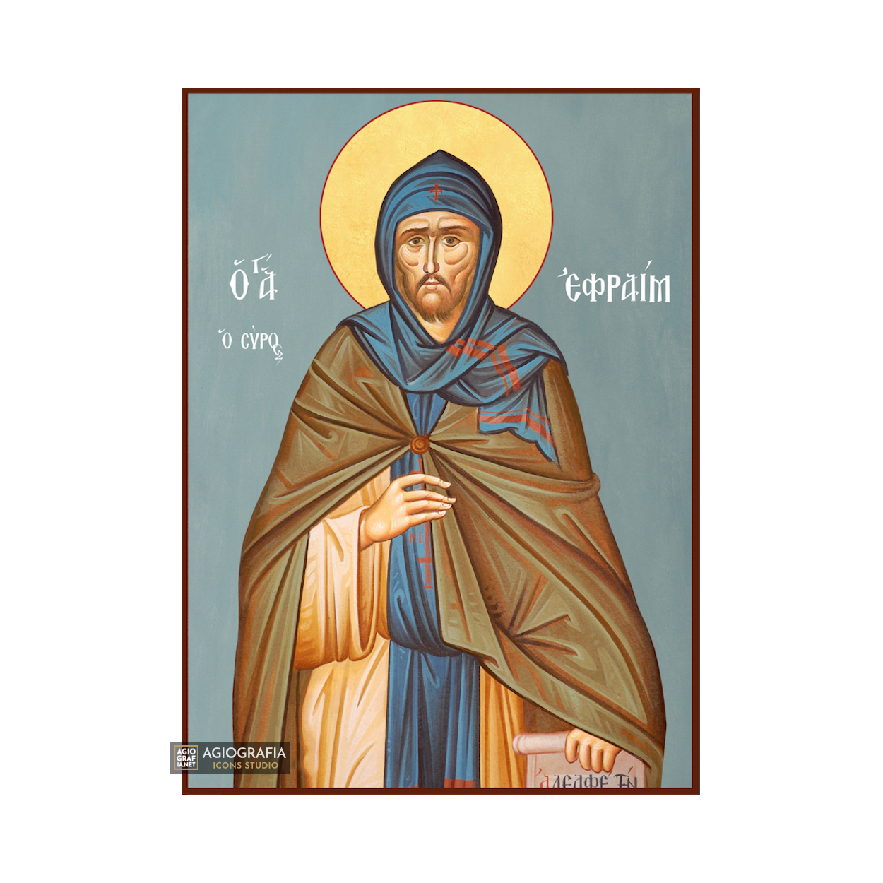St Efrem Syrian Christian Orthodox Icon Blue Background