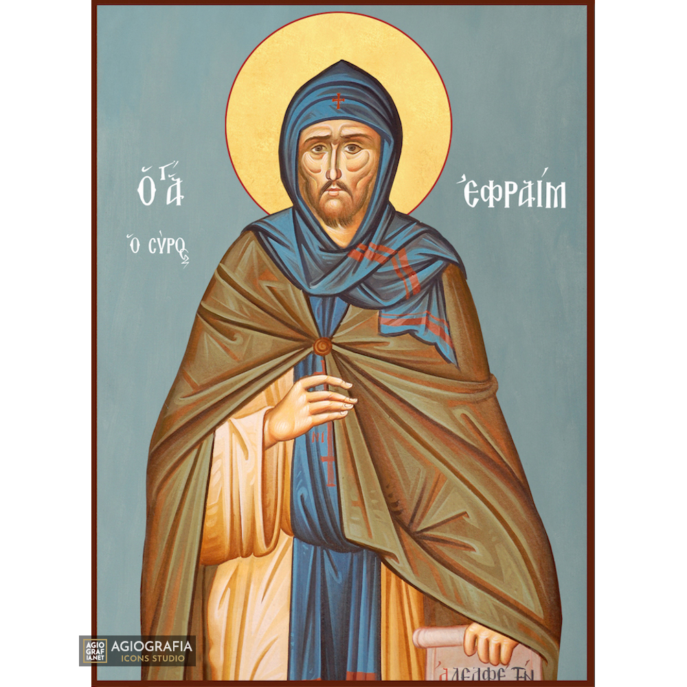 St Efrem Syrian Christian Orthodox Icon Blue Background