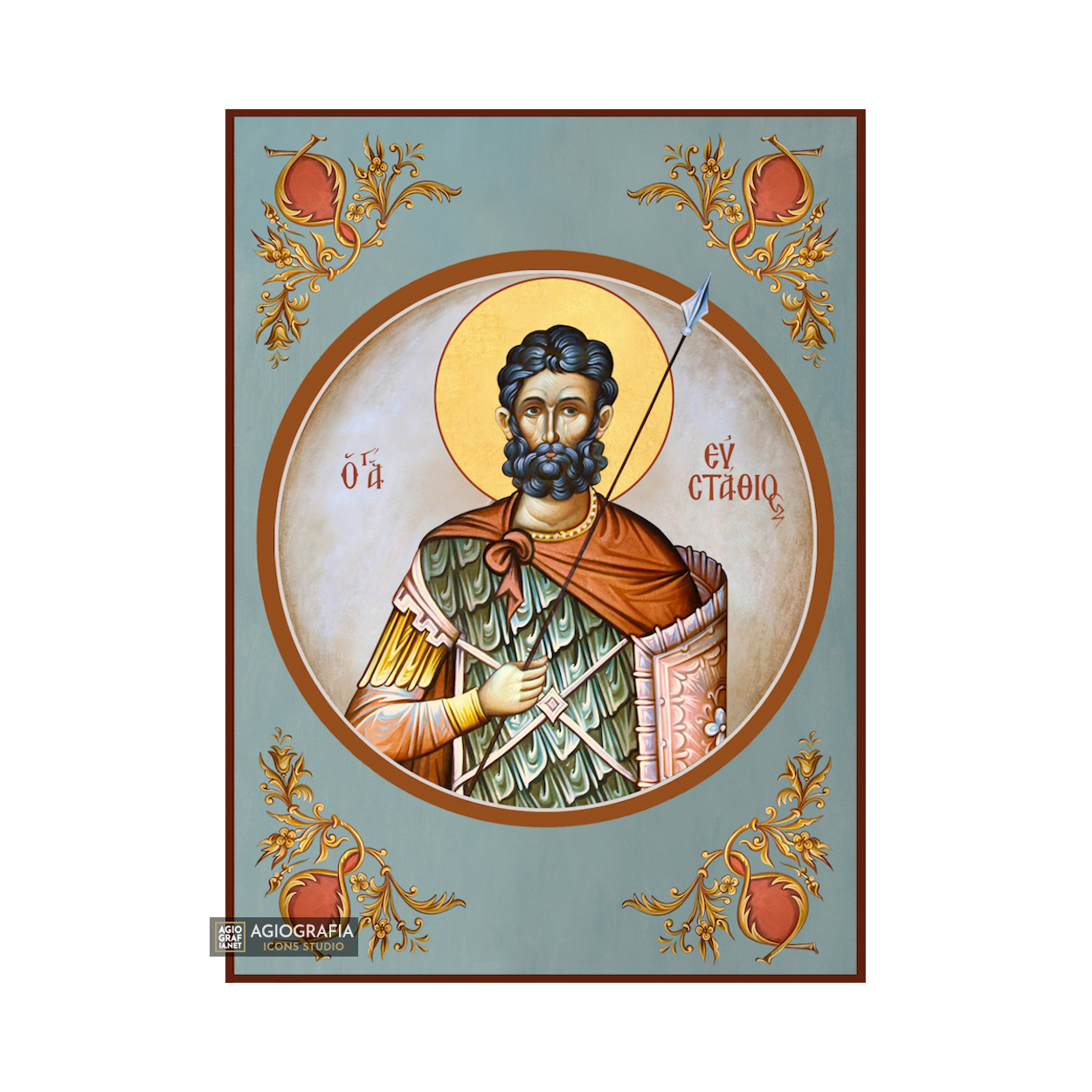 St Efstathios Greek Orthodox Icon with Blue Background