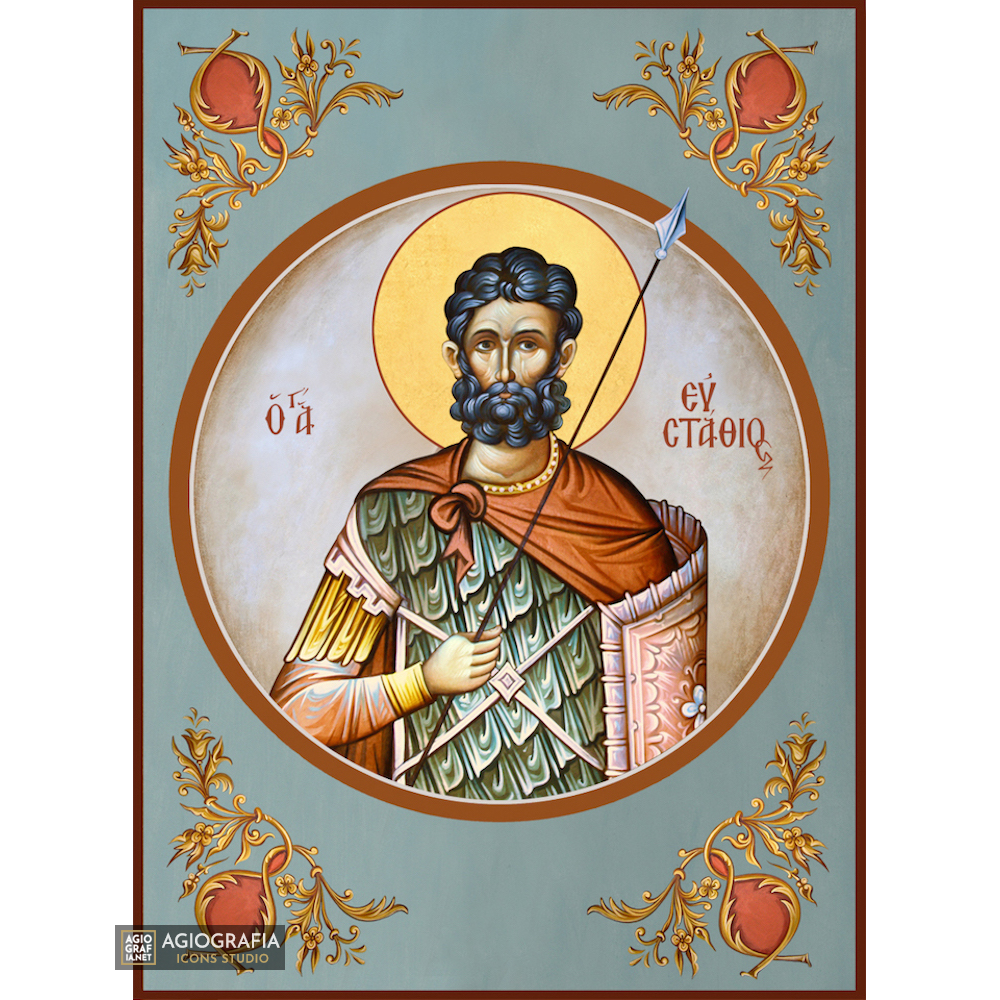 St Efstathios Greek Orthodox Icon with Blue Background
