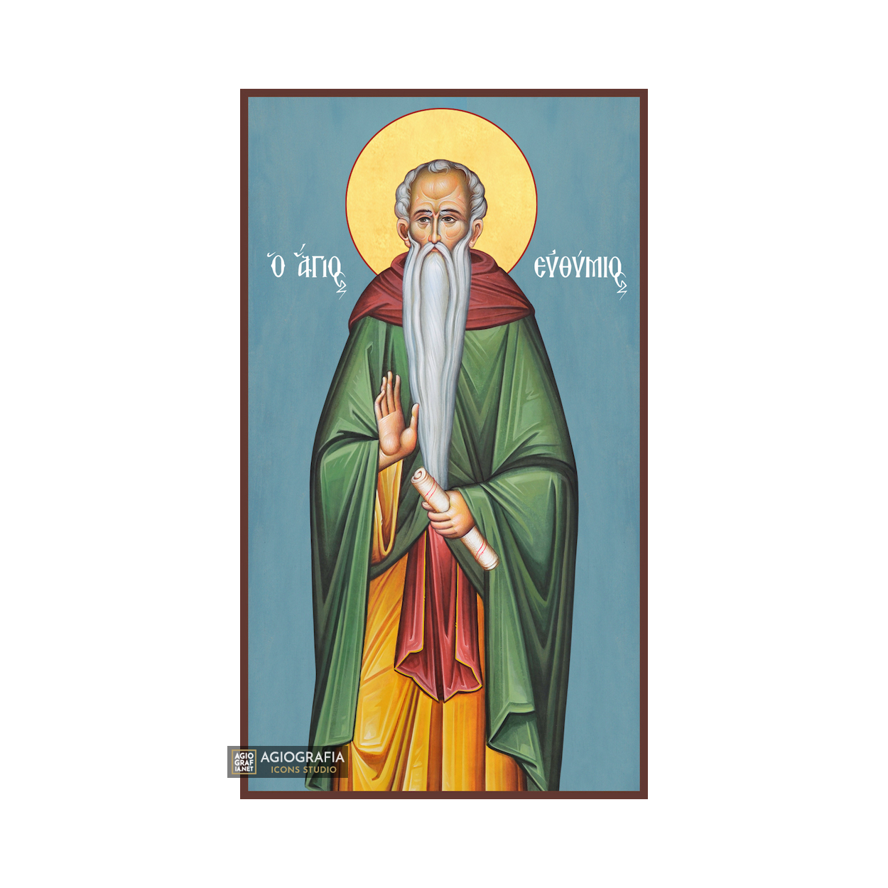 St Efthimios Christian Orthodox Icon on Wood with Blue Background