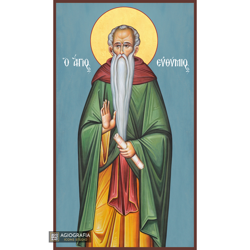 St Efthimios Christian Orthodox Icon on Wood with Blue Background