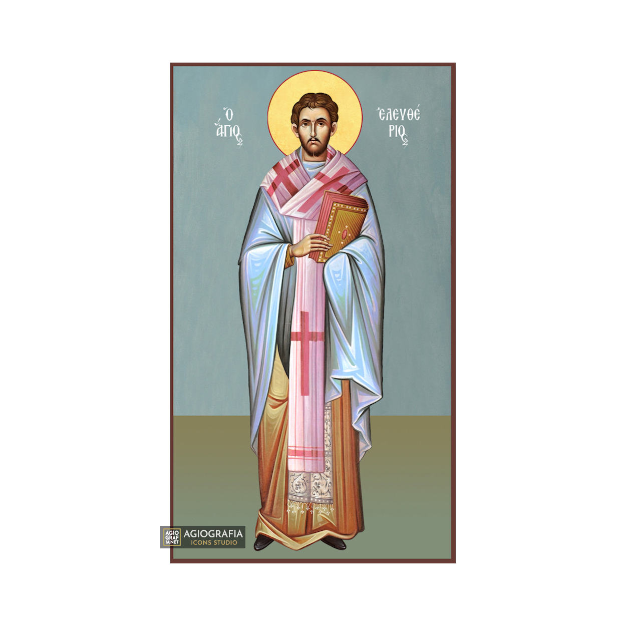 St Eleftherios Greek Orthodox Wood Icon with Blue Background