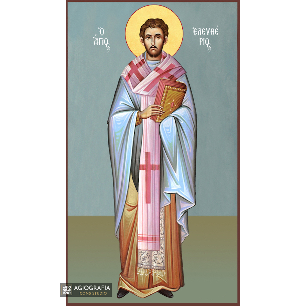St Eleftherios Greek Orthodox Wood Icon with Blue Background