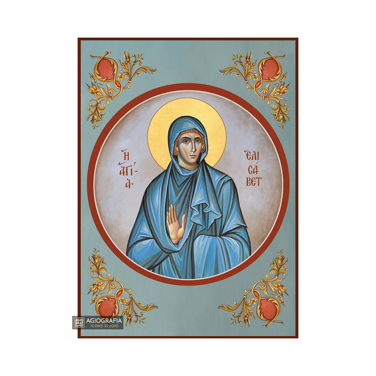 St Elizabeth Greek Orthodox Icon on Wood with Blue Background