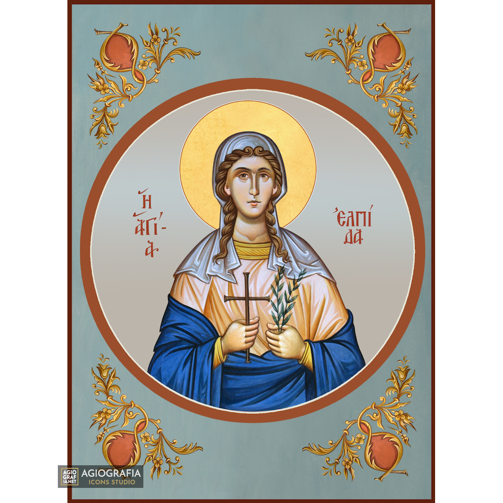 St Elpida Christian Orthodox Icon with Blue Background
