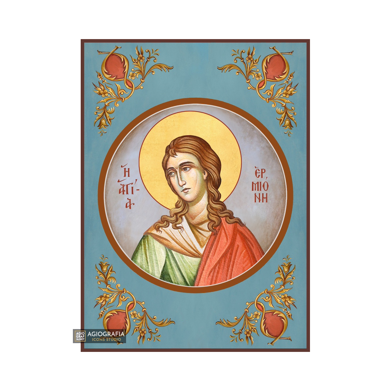 Saint Ermioni Christian Orthodox Icon with Blue Background