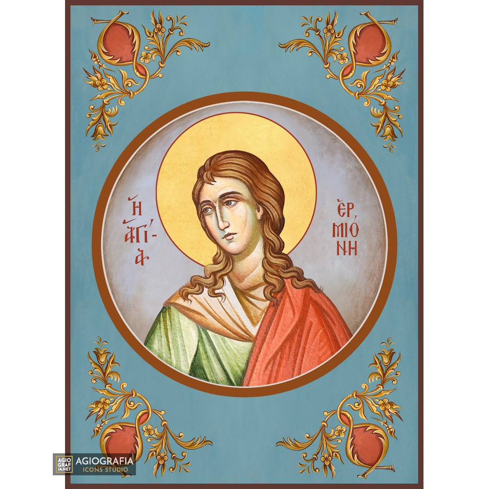 Saint Ermioni Christian Orthodox Icon with Blue Background