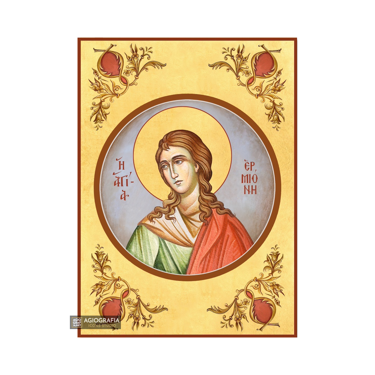 22k Saint Ermioni Christian Orthodox Icon with Gold Leaf Background