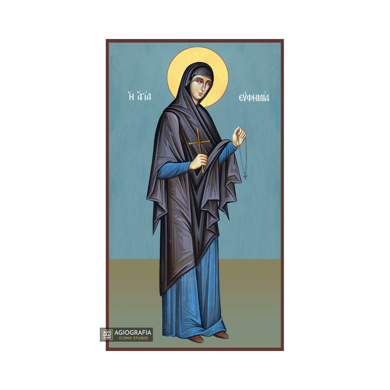 St Euphemia Christian Orthodox Wood Icon with Blue Background