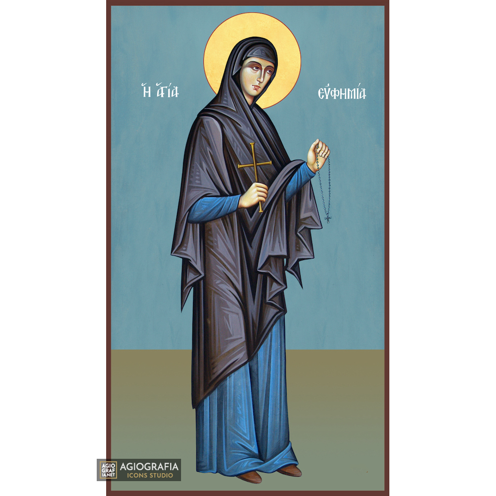 St Euphemia Christian Orthodox Wood Icon with Blue Background